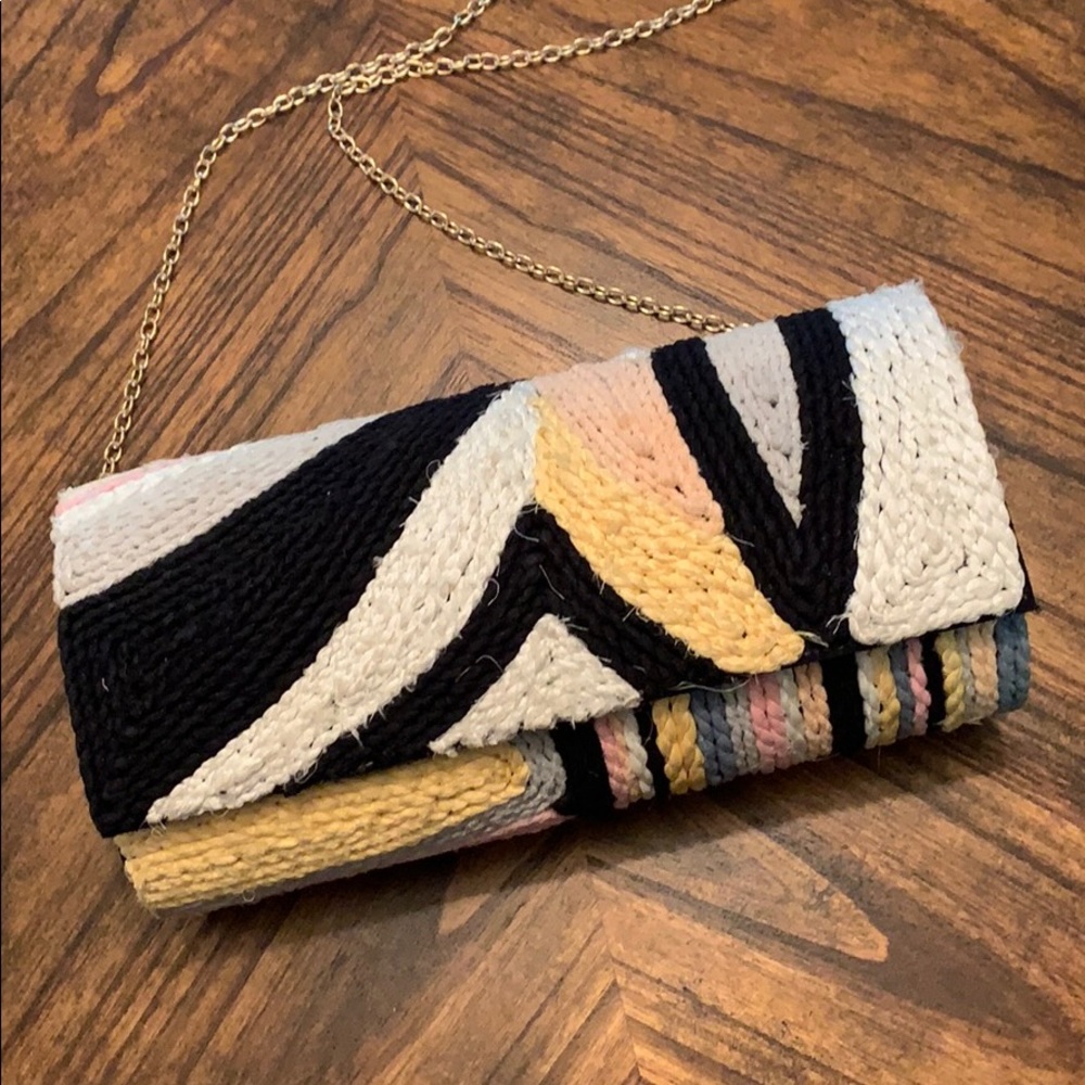 G Lish Woven Multicolor Cylinder Clutch with Chain Strap